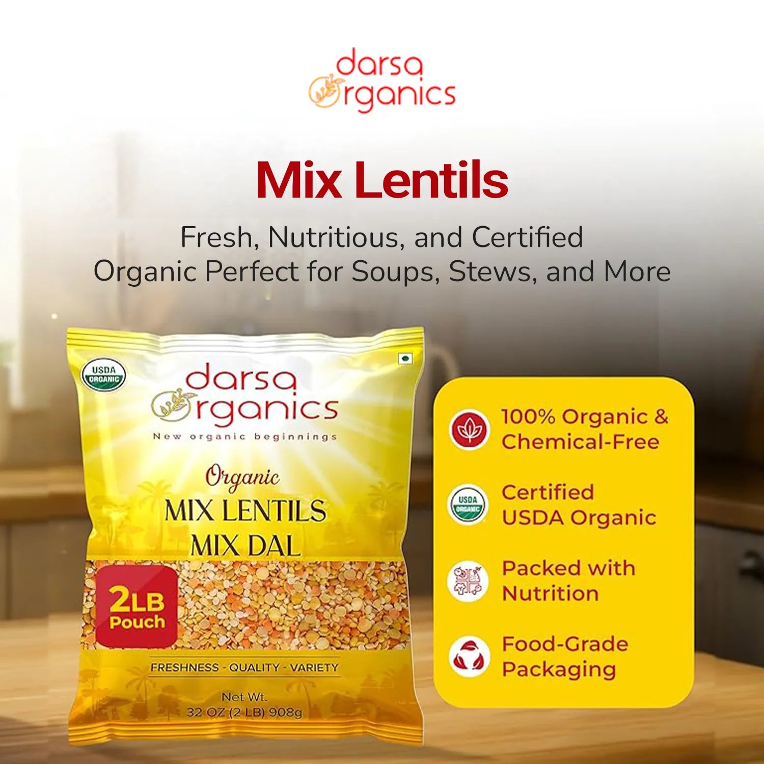 Bundle: Organic Red Lentil Whole Without Skin 2 lb / 4 lb & Organic Mixed Lentils (Panchratna Dal) 2 lb