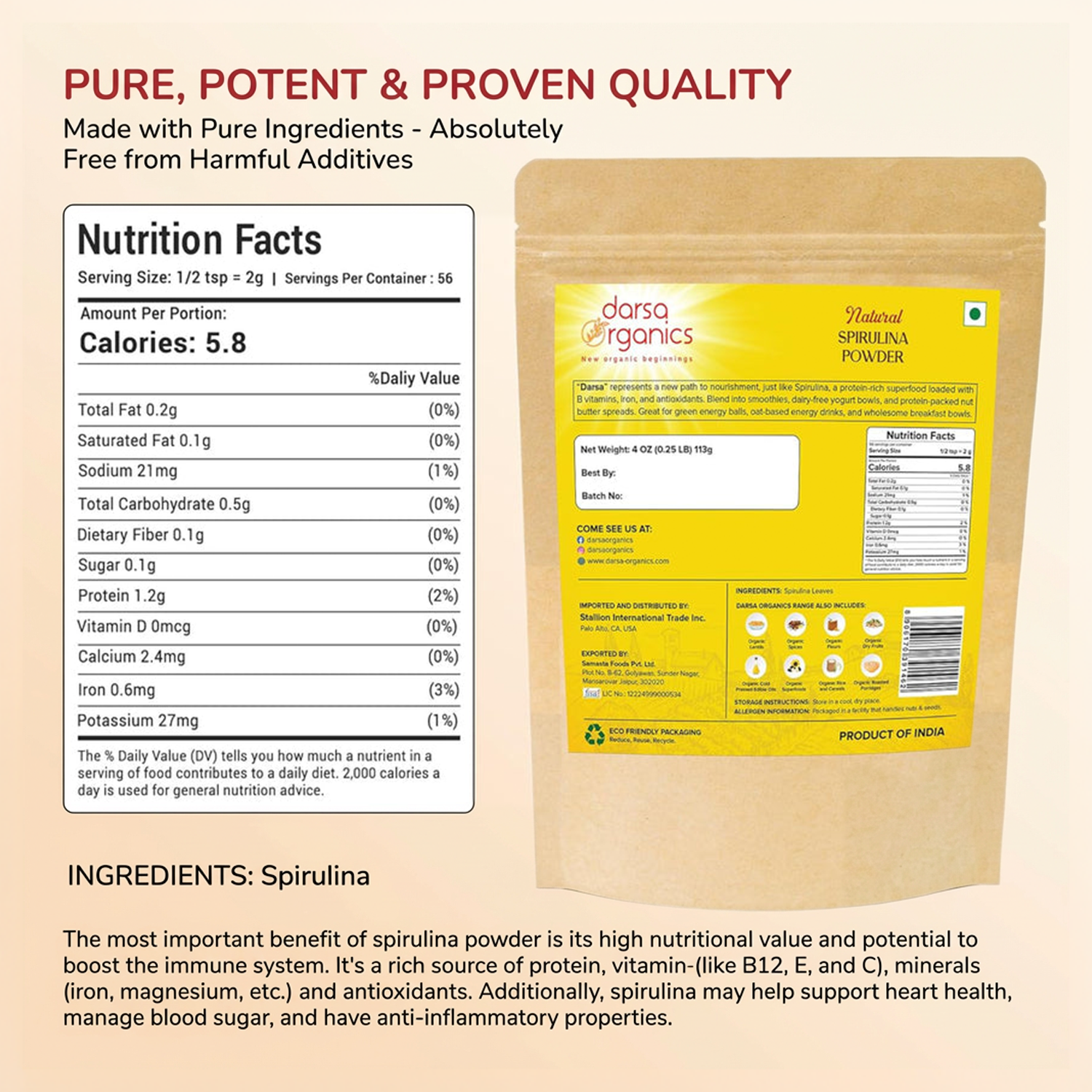 Natural Spirulina Powder – 100% Pure Vegan Superfood – High Protein, Antioxidant Green Supplement